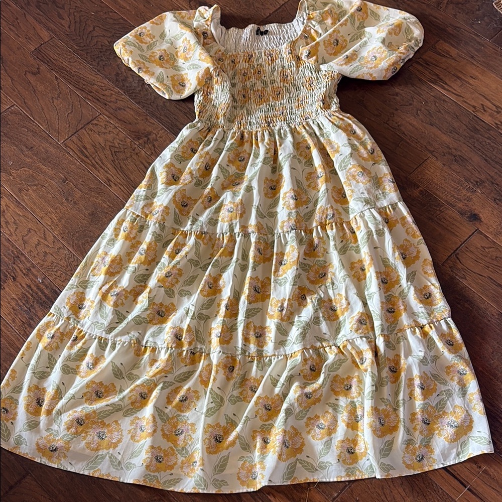Smocked Puff-Sleeve Yellow Floral Womens Dress